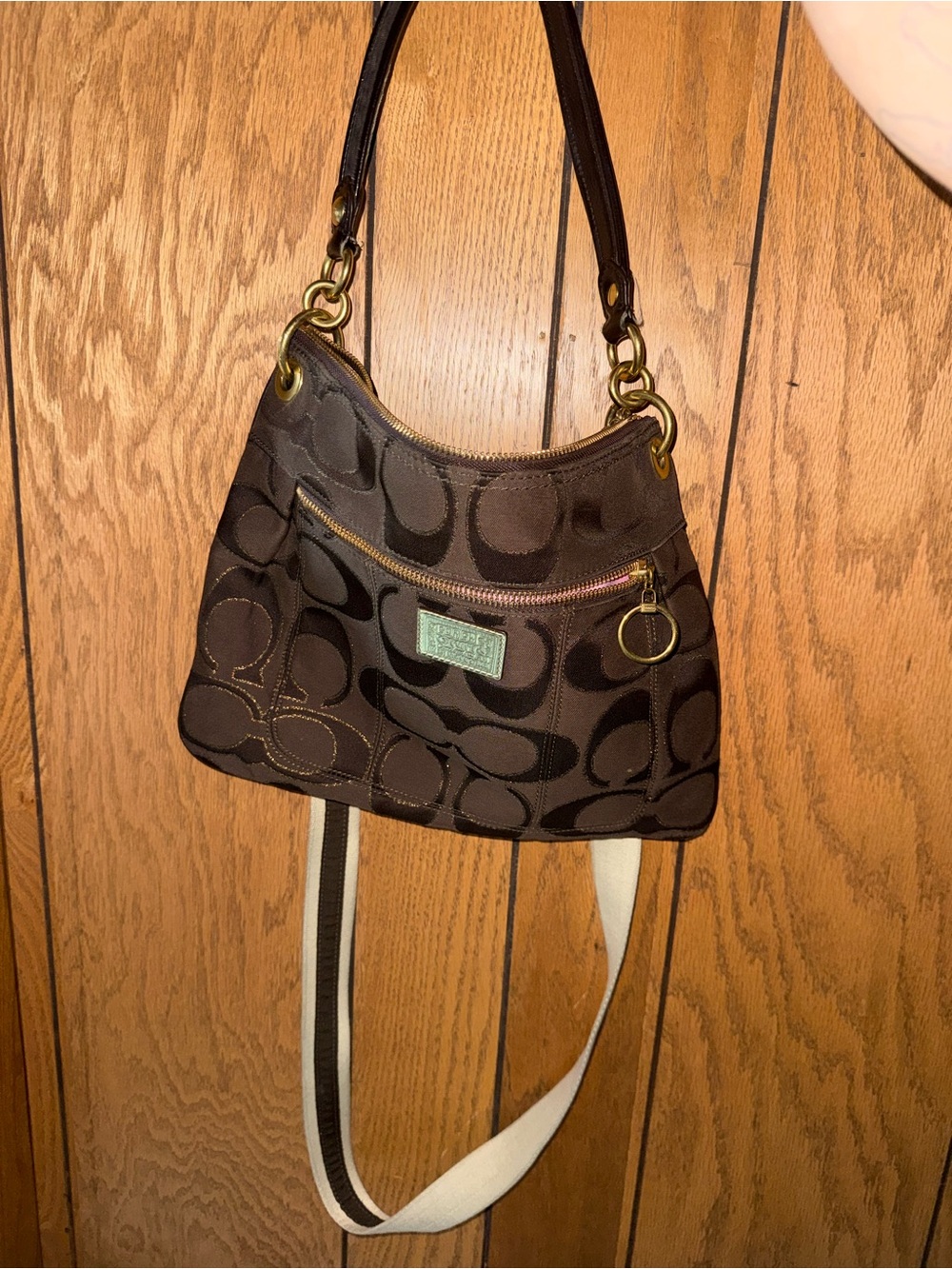Coach Brown Signature Canvas Shoulder Bag with Contrast Strap